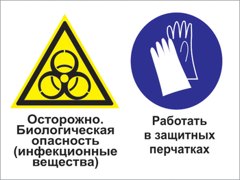 Кз 73 осторожно - биологическая опасность (инфекционные вещества). работать в защитных перчатках. (пленка, 400х300 мм) - Знаки безопасности - Комбинированные знаки безопасности - Магазин охраны труда ИЗО Стиль